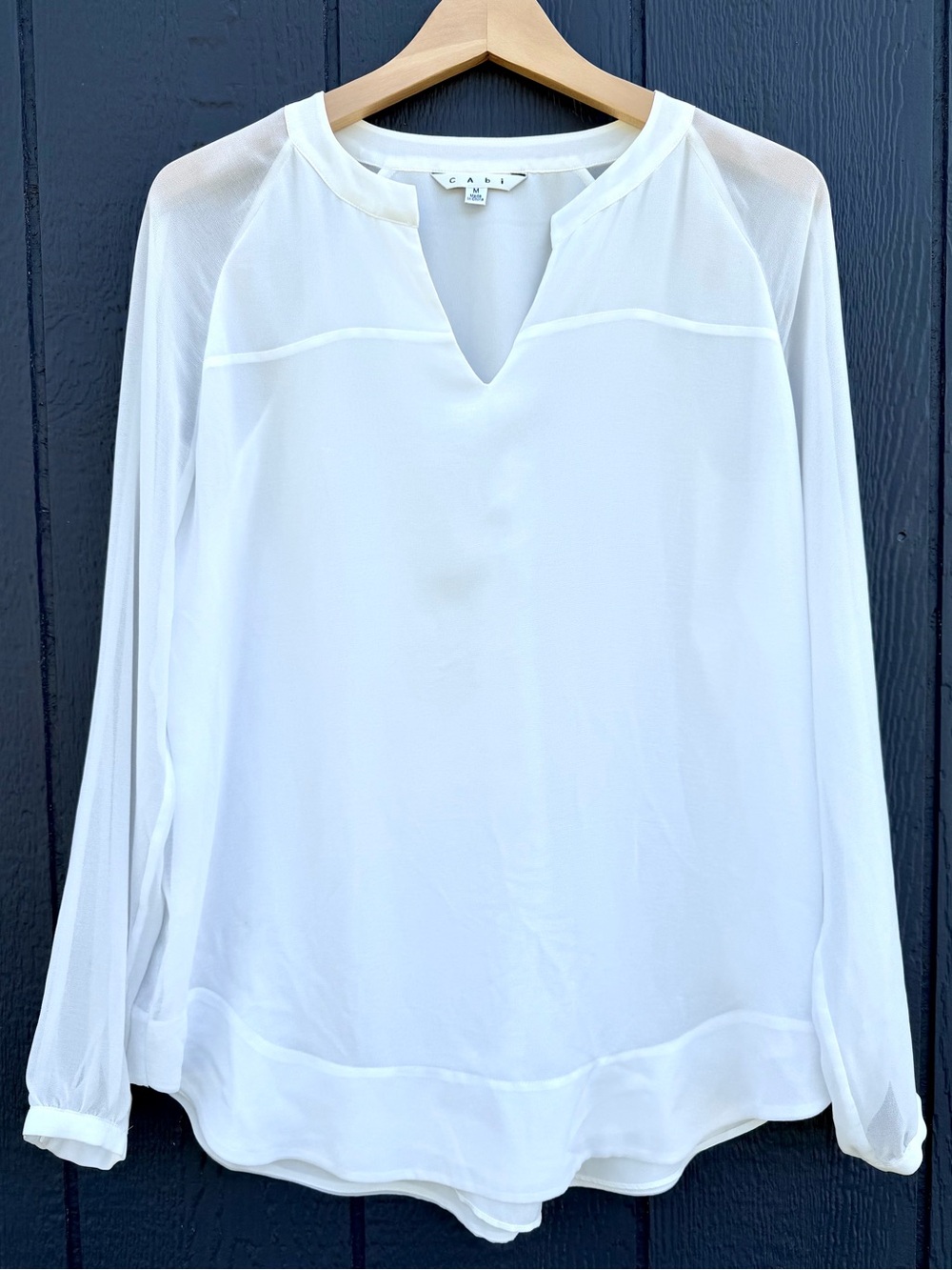 CAbi Cream V-Neck Sheer Long-Sleeve Blouse